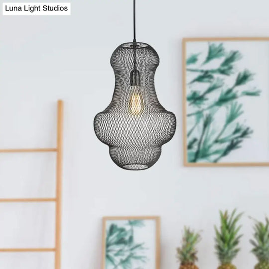 Industrial Black Mesh Cage Pendant Light - Modern Dining Room Hanging Lamp