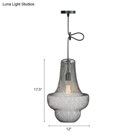 Industrial Black Mesh Cage Pendant Light - Modern Metal Hanging Lamp For Dining Room