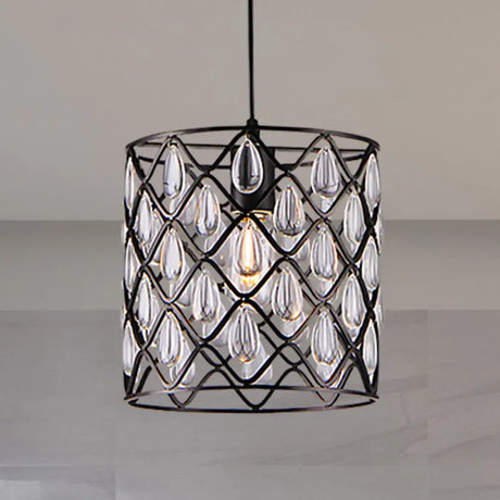 Industrial Black Metal Caged Pendant Lighting With Crystal Drop - Chandelier Lamp 1 /