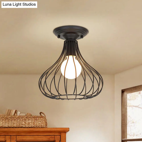 Industrial Black Metal Ceiling Light With Cylinder/Teardrop Shade - 1 Corridor Semi Flush Fixture