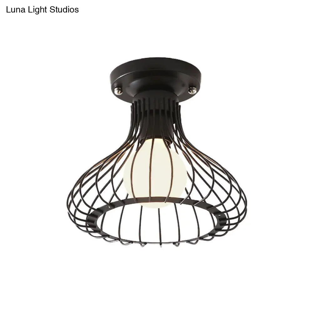 Industrial Black Metal Ceiling Light With Cylinder/Teardrop Shade - 1 Corridor Semi Flush Fixture