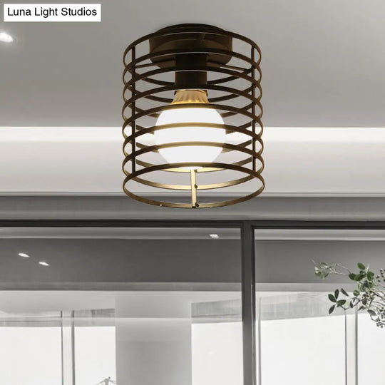 Industrial Black Metal Ceiling Light With Cylinder/Teardrop Shade - 1 Corridor Semi Flush Fixture