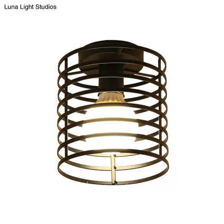 Industrial Black Metal Ceiling Light With Cylinder/Teardrop Shade - 1 Corridor Semi Flush Fixture