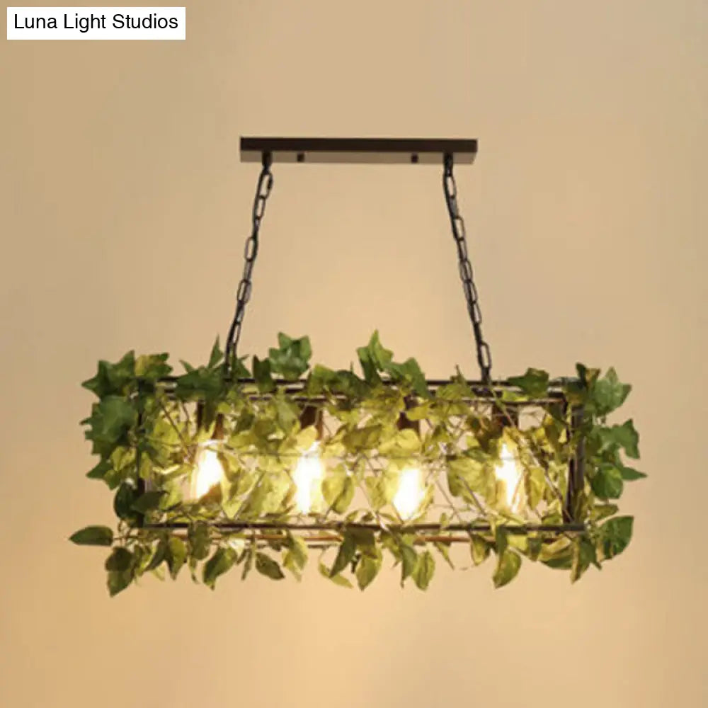 Industrial Black Metal Island Lamp With 4-Light Rectangle Design And Stylish Faux Plant Decor Green