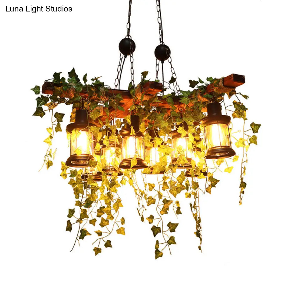 Industrial Black Metal Lantern Island Light - 8-Lights Hanging Lamp With Plant Decoration