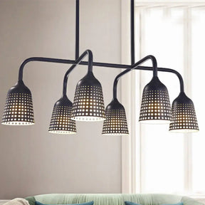 Industrial Black Metal Pendant Light With 6 Mesh Bell Shades And Island Style