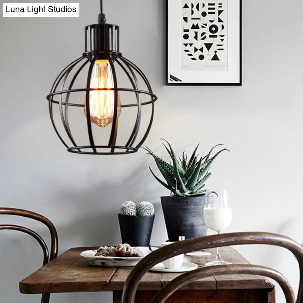 Industrial Metal Ball Cage Shade Pendant Light With Black Finish - Perfect For Restaurants