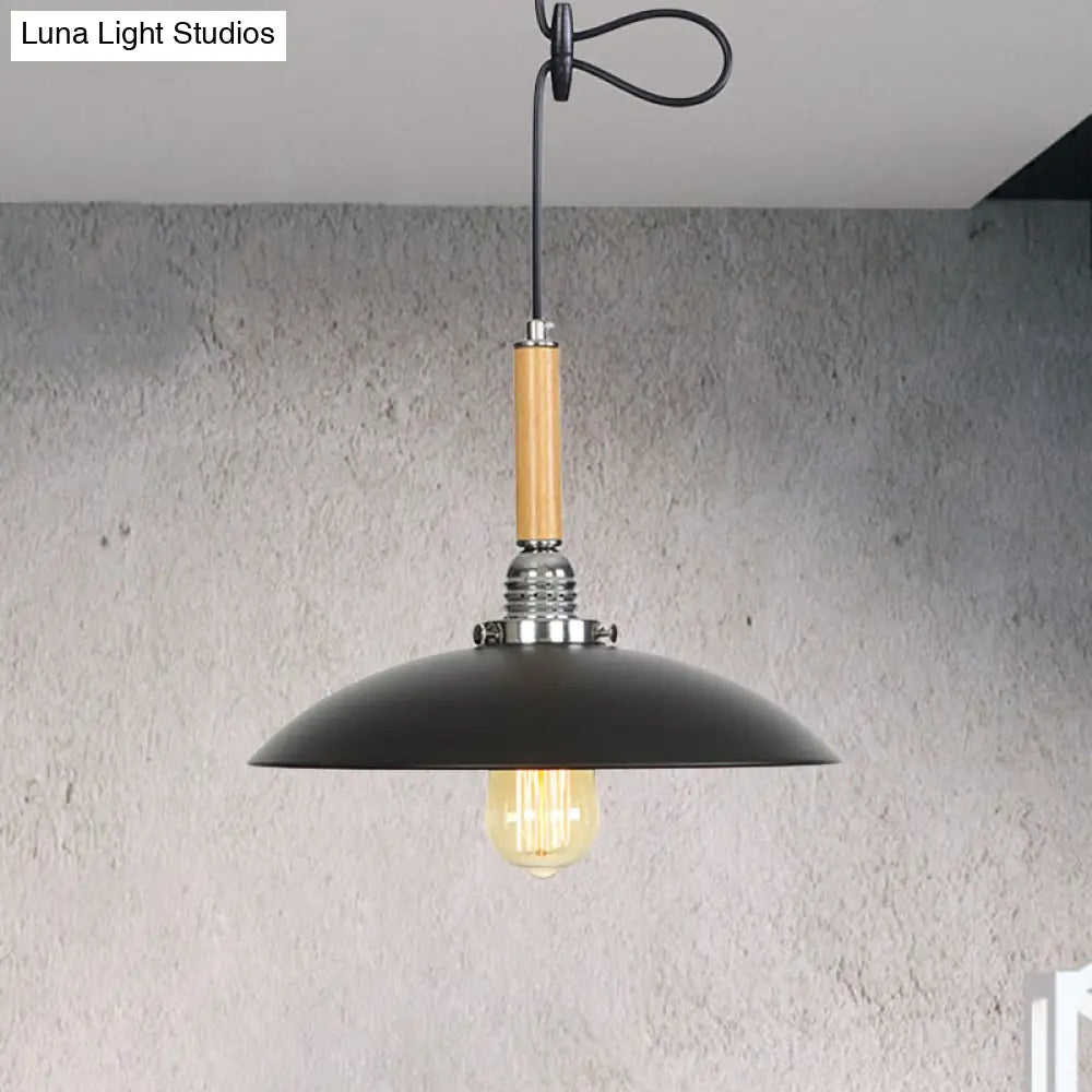 Industrial Black Metal Pendant Light With Hanging Cord - Shallow Round Design In Wood / 1