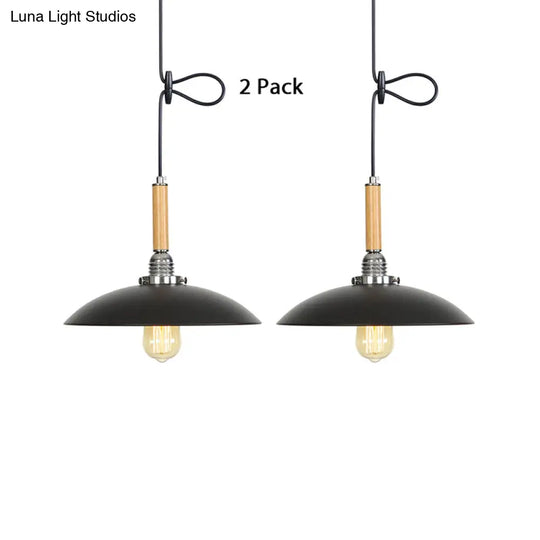 Industrial Black Metal Pendant Light With Hanging Cord - Shallow Round Design In Wood / 2