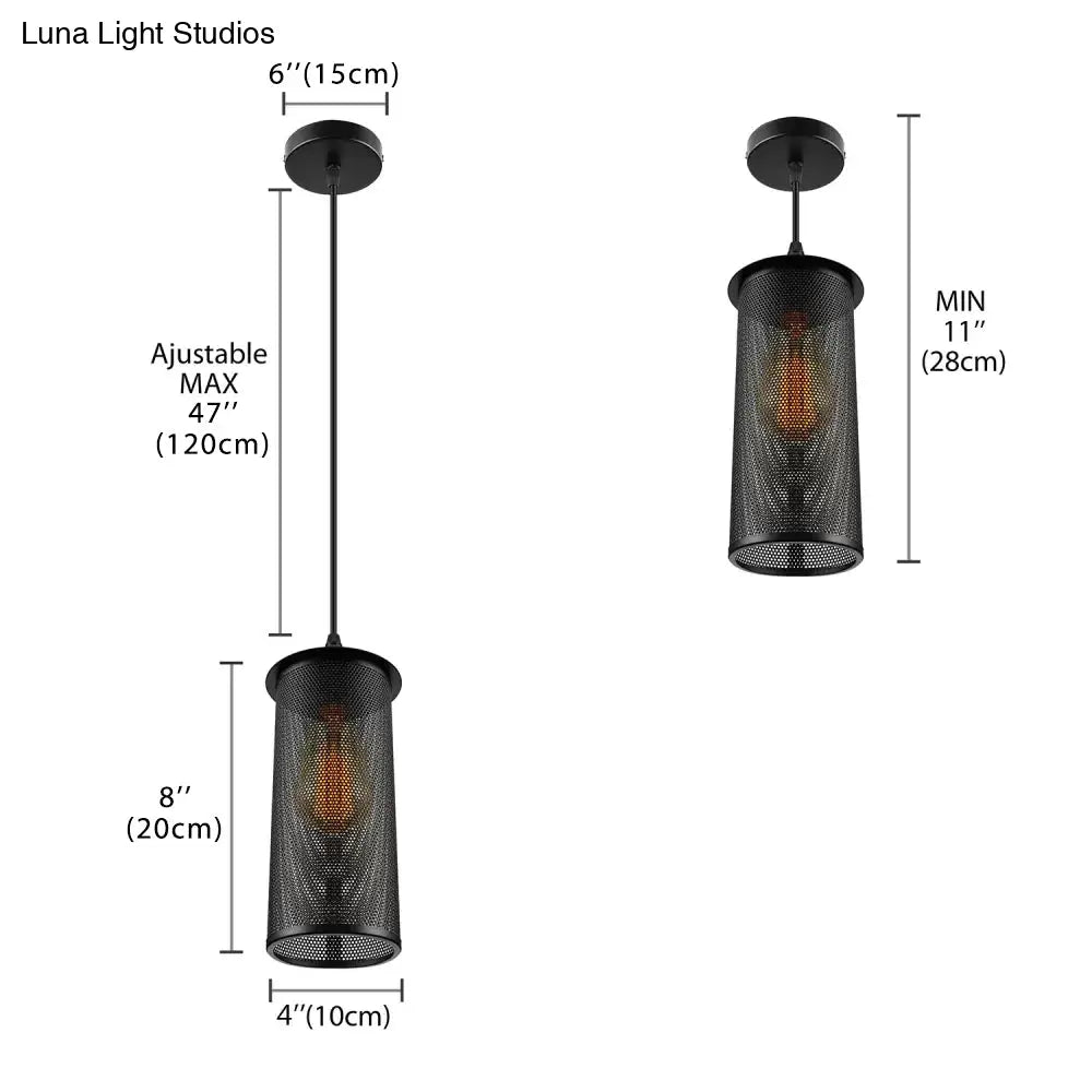 Industrial Black Metal Pendant Light - Cylinder Design With Mesh Screen Ideal For Living Room