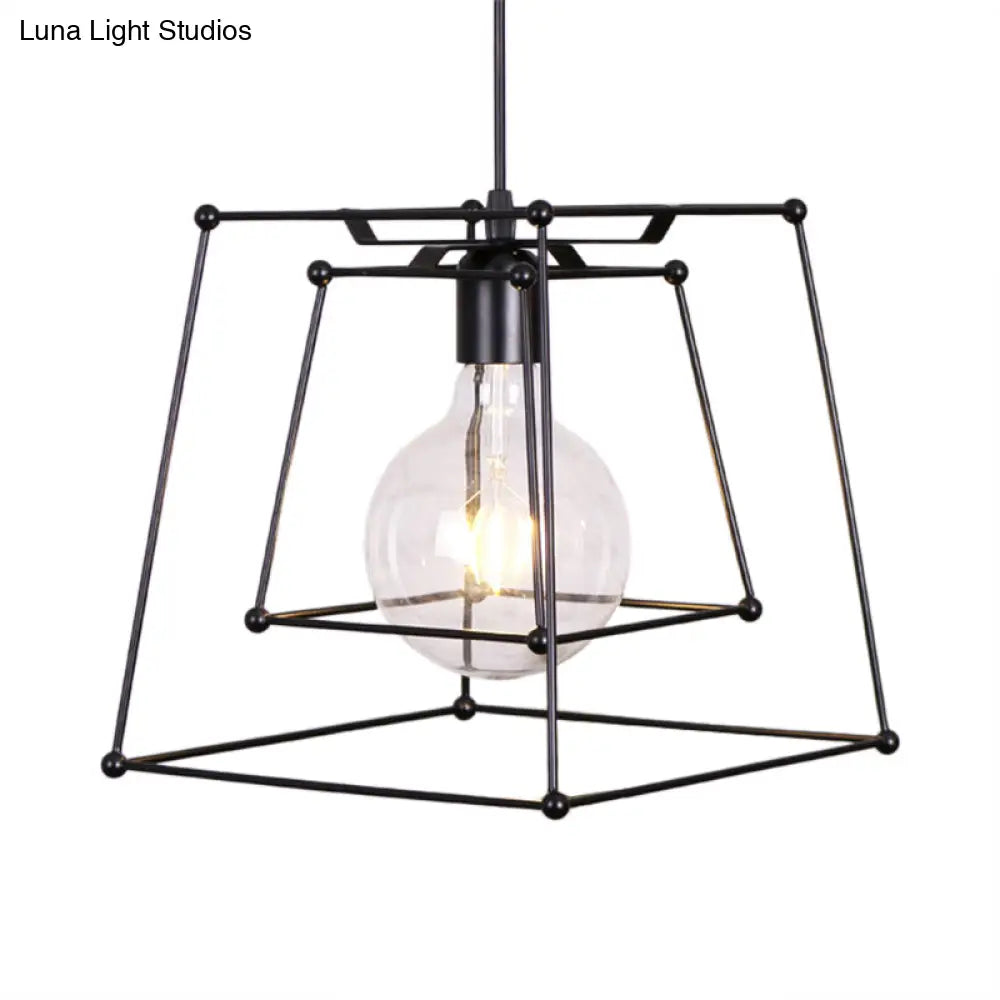 Industrial Black Metal Pendant Light With Trapezoid Cage Shade - Perfect For Living Room And Hanging