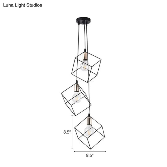 Industrial Black Metal Pendant Lighting: Square Suspension Light With 3 Lights For Foyer