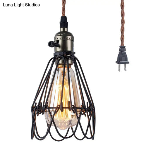 Rustic Industrial Pendant Lighting - Open Caged Metal Black Finish 1-Bulb Hanging Light For Living