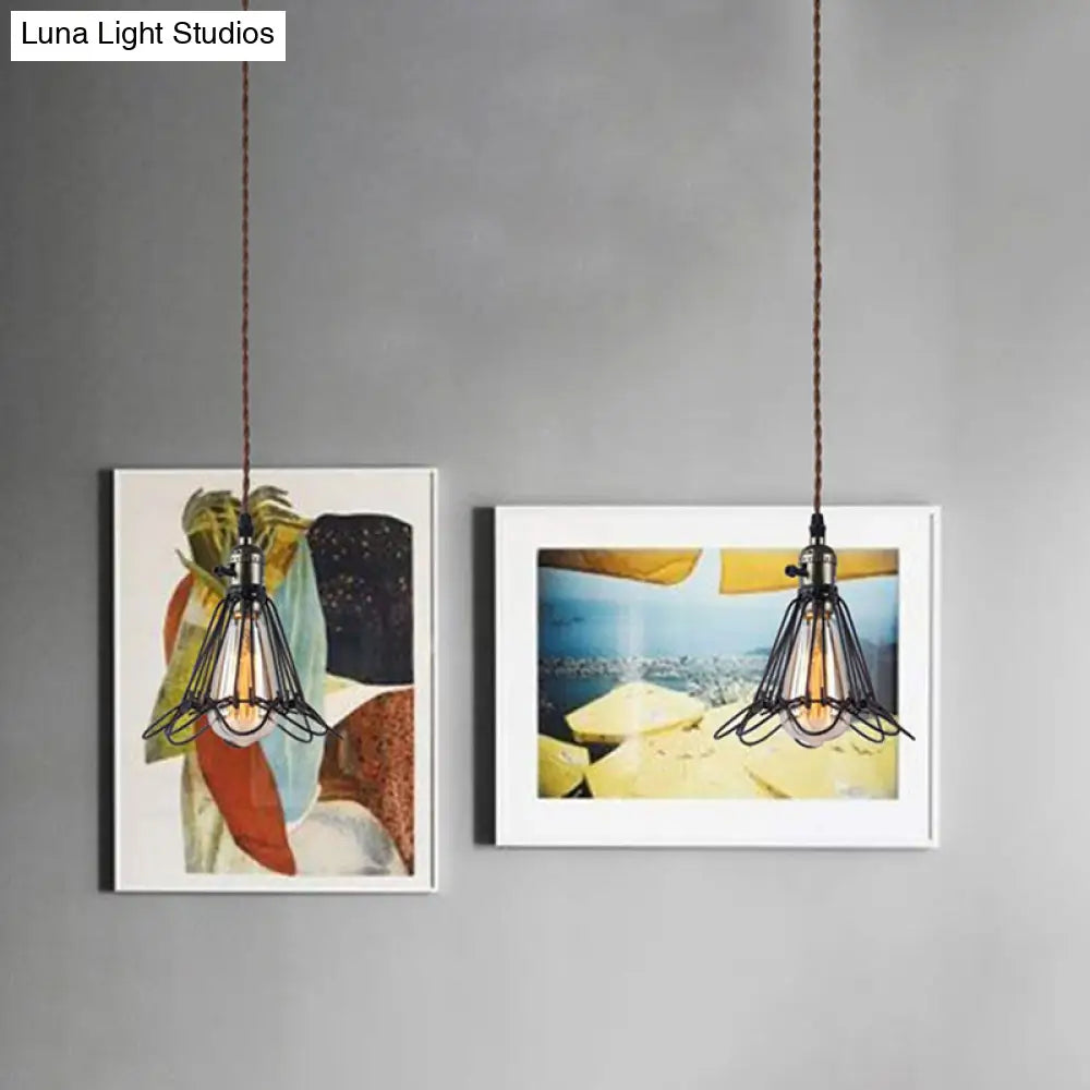 Industrial Black Metal Pendant Lighting With Open Cage Design - Rustic 1 Bulb Hanging Light For
