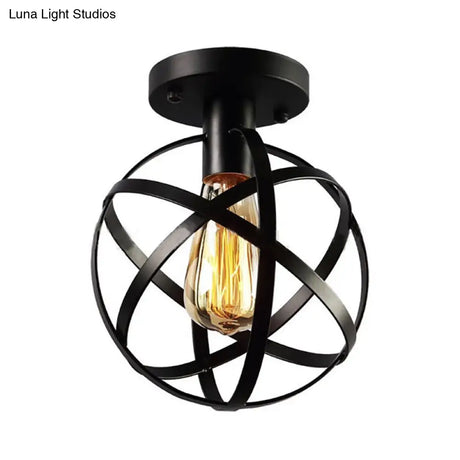 Industrial Black Metal Semi Flush Cage Shade Ceiling Lamp