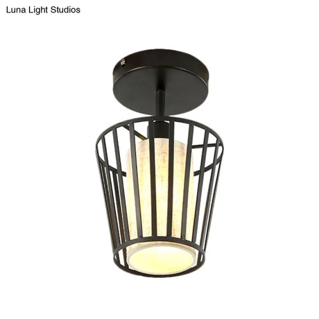 Industrial Black Metal Semi Flush Light With Fabric Shade - Perfect For Hallways And Corridors