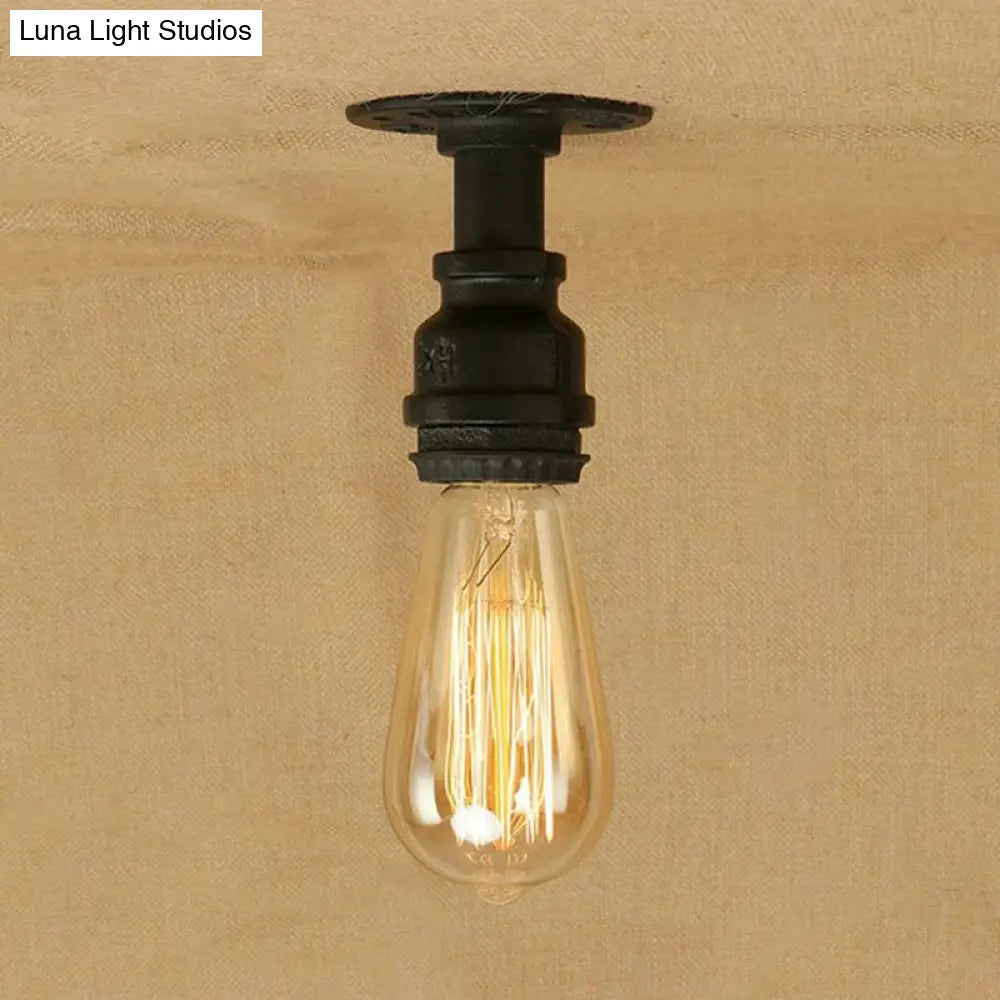 Industrial Black Metallic Mini Semi Flush Light With Bare Bulb For Corridor - 1 Piping