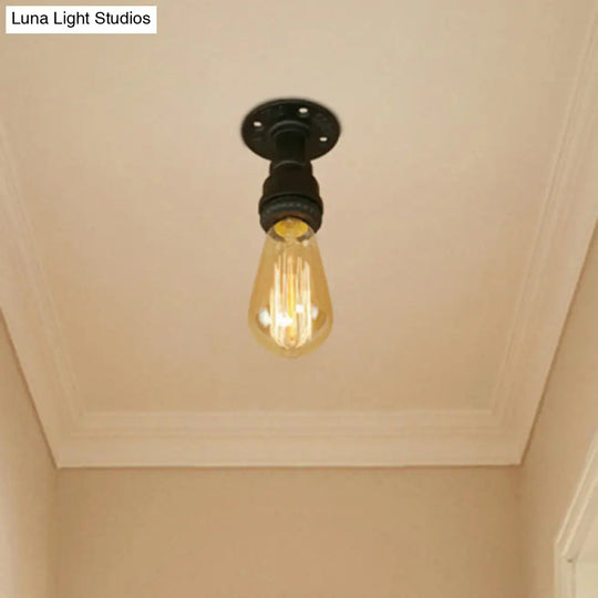 Industrial Black Metallic Mini Semi Flush Light With Bare Bulb For Corridor - 1 Piping