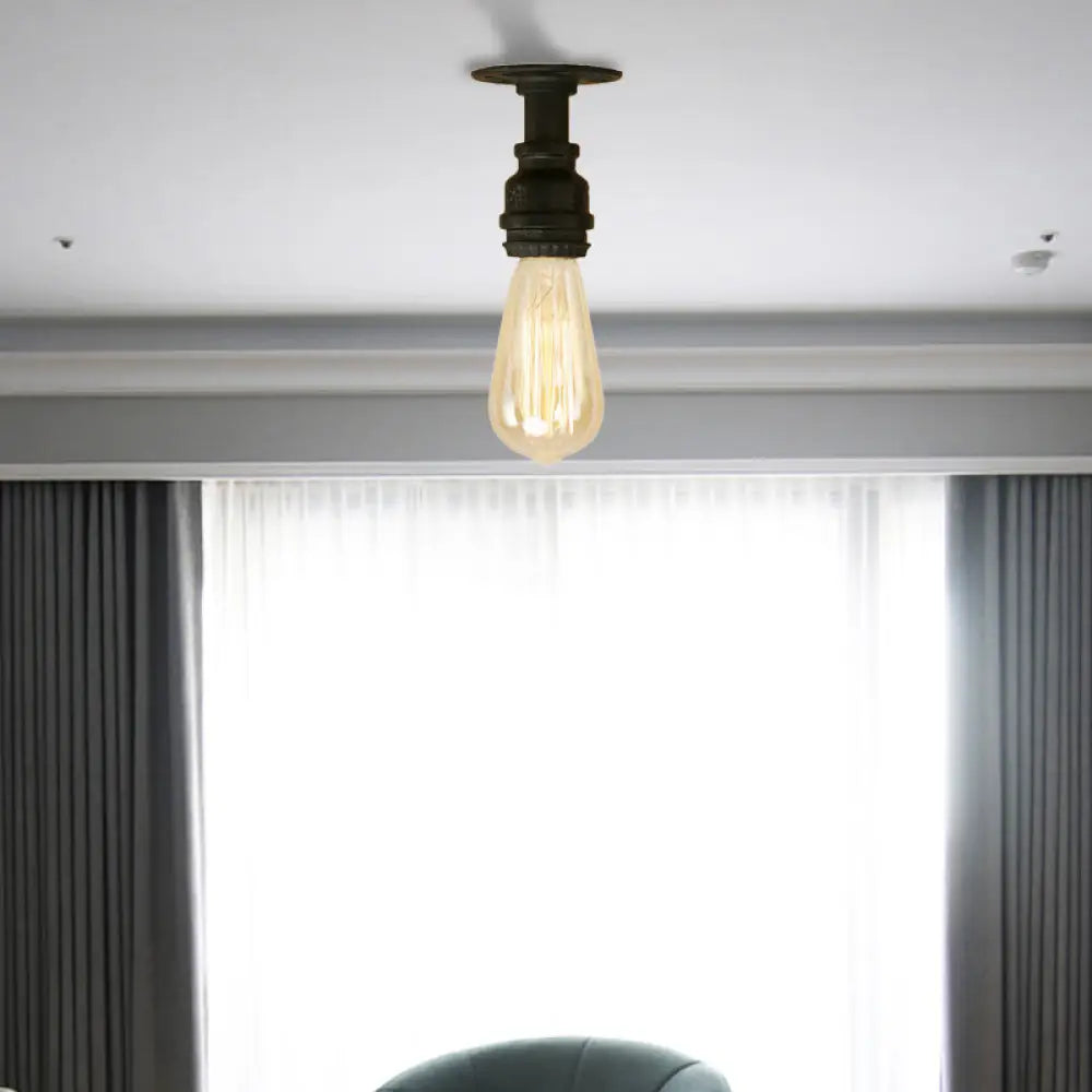 Industrial Black Metallic Mini Semi Flush Light With Bare Bulb For Corridor - 1 Piping