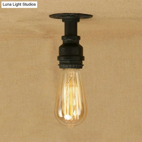 Industrial Black Metallic Mini Semi Flush Light With Bare Bulb For Corridor - 1 Piping
