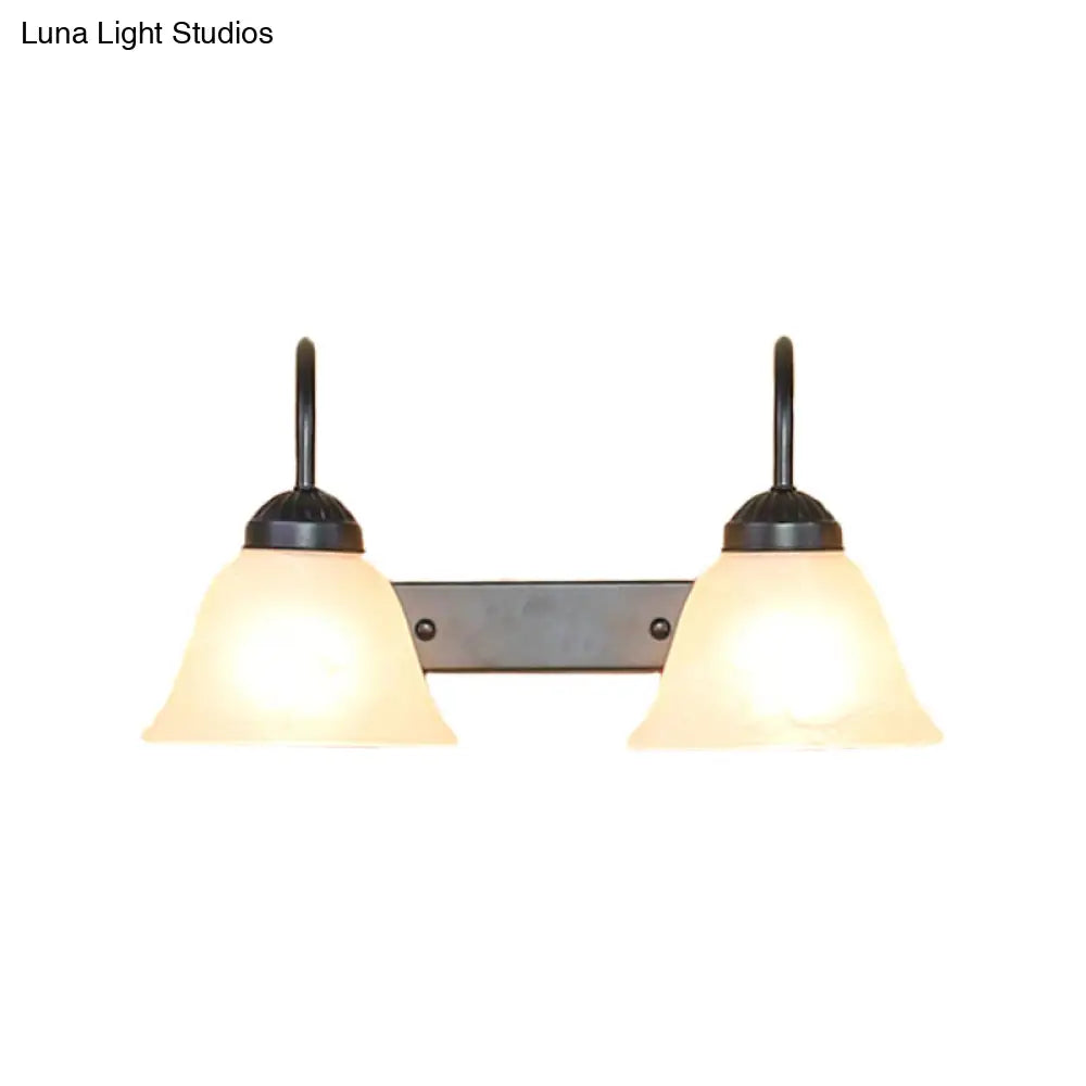 Industrial Black Opal Glass Wall Lamp For Bedroom - 2-Light Bell Shade Sconce Light Fixture