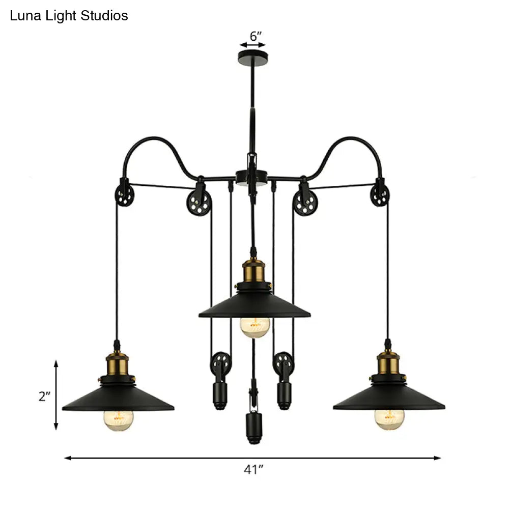 Industrial Flared Chandelier With Pulley And Cord - Black 3-Head Pendant Lamp For Living Room