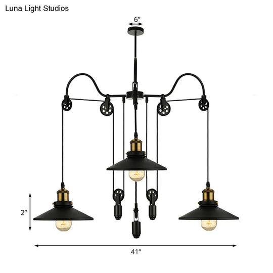 Industrial Flared Chandelier With Pulley And Cord - Black 3-Head Pendant Lamp For Living Room