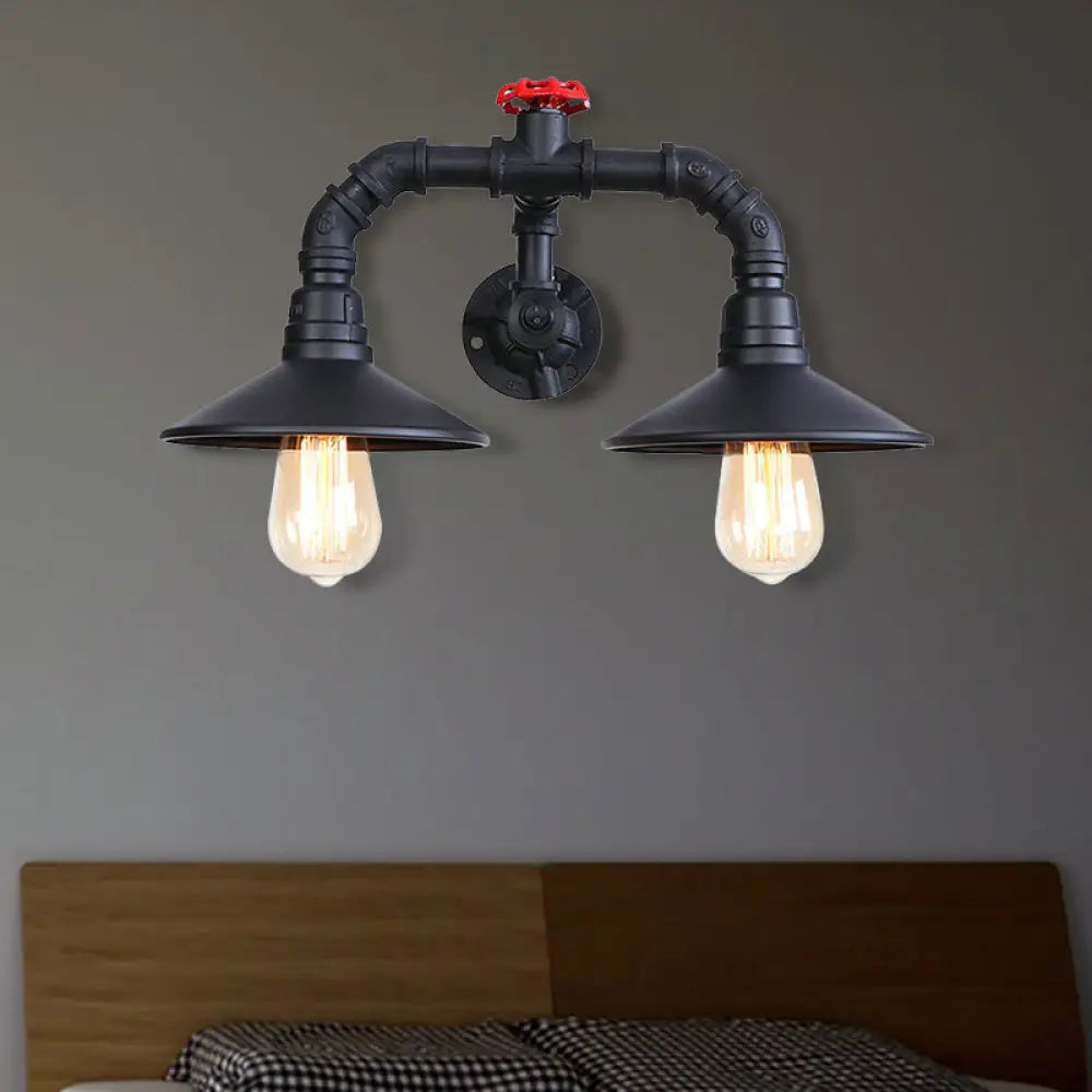 Industrial Black Plumbing Pipe Wall Sconce With Red Valve: Rustic Metallic Stairway Lighting