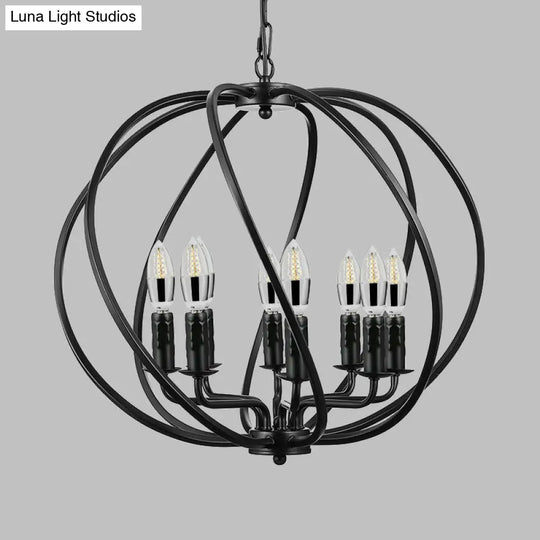 Industrial Black Round Cage Chandelier - 8-Light Pendant Light For Large Dining Rooms With Candle