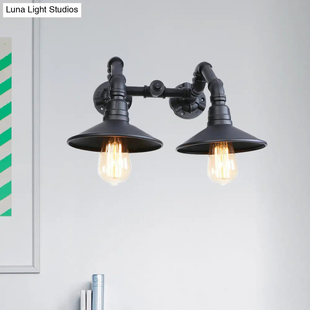 Industrial Black Saucer Wall Sconce - 2 Light Indoor Mount With Water Pipe Warehouse Style