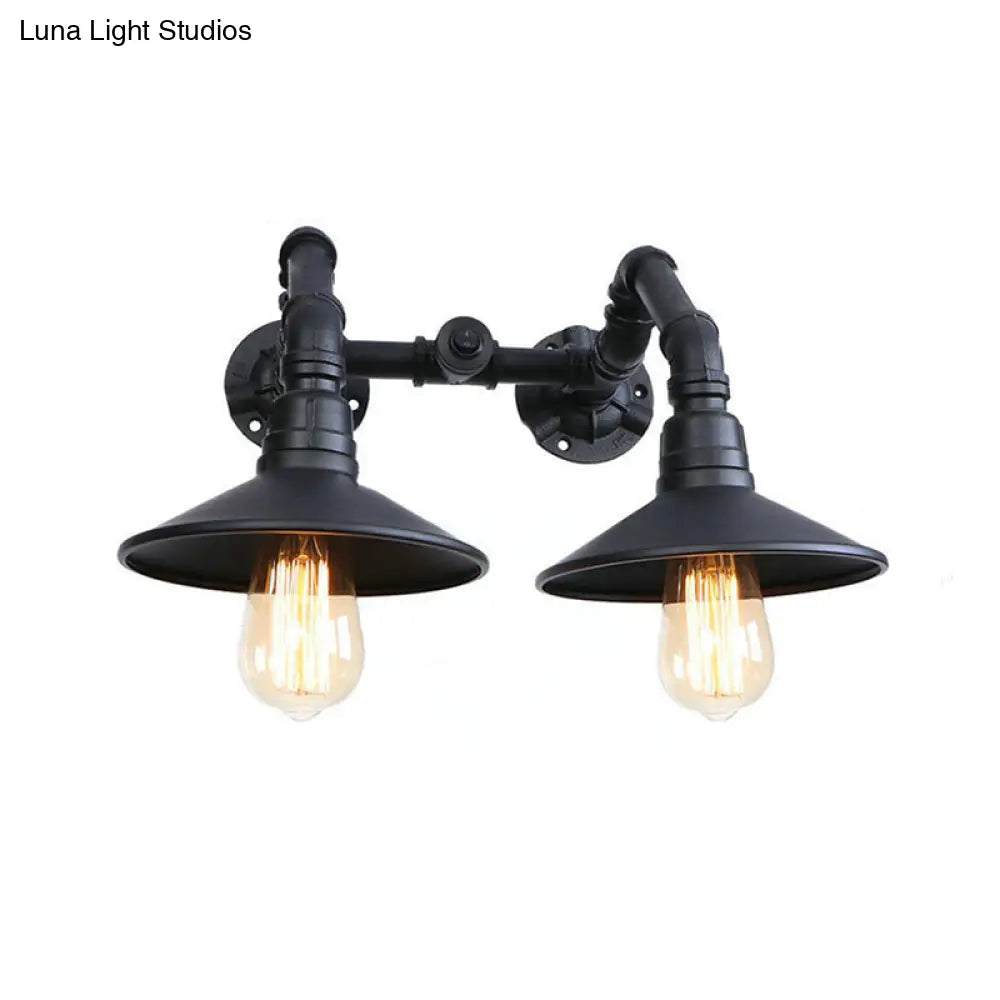Industrial Black Saucer Wall Sconce - 2 Light Indoor Mount With Water Pipe Warehouse Style