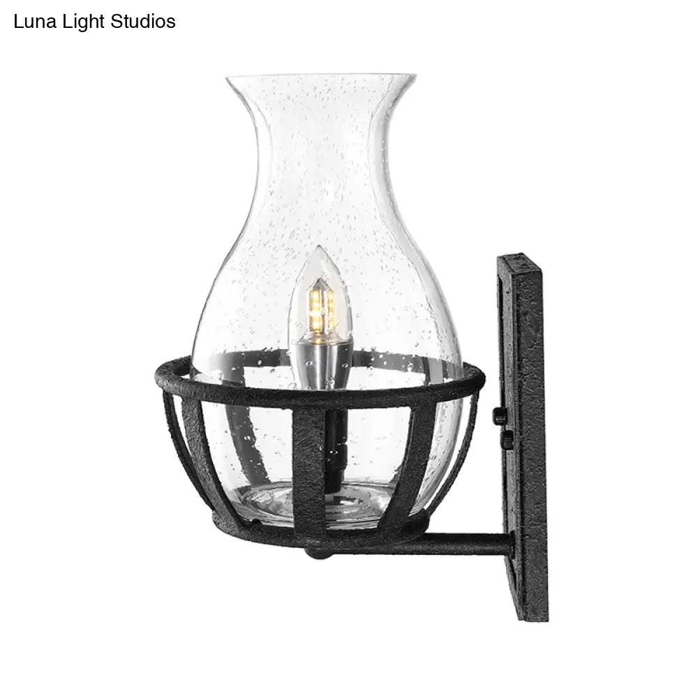 Industrial Black Wall Sconce Lighting With Seeded Glass Bottle Shade - Perfect For Living Room