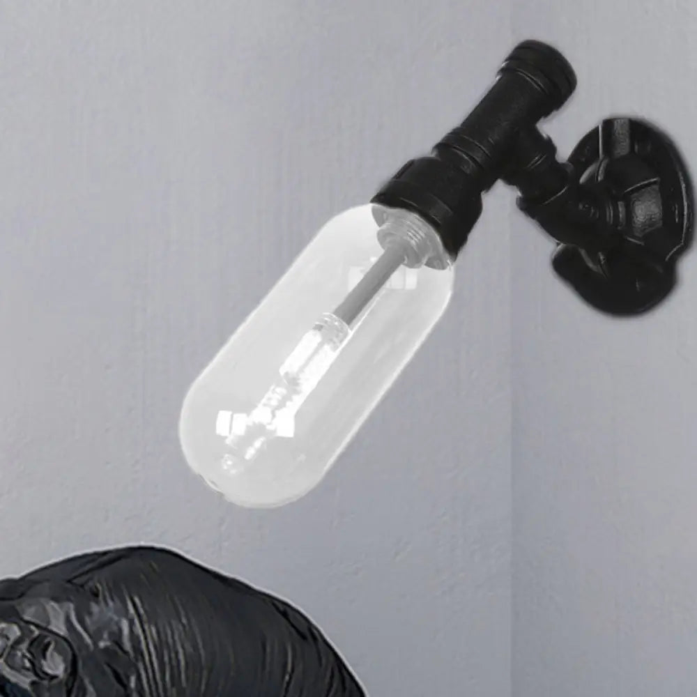 Industrial Black Wall Sconce With Clear Glass Light For Living Room / C