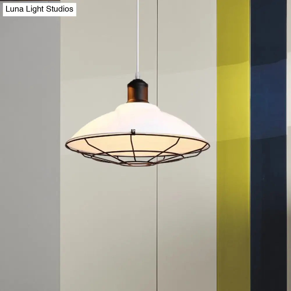 Industrialwire Cage Pendant Light With Saucer Shade For Kitchen White