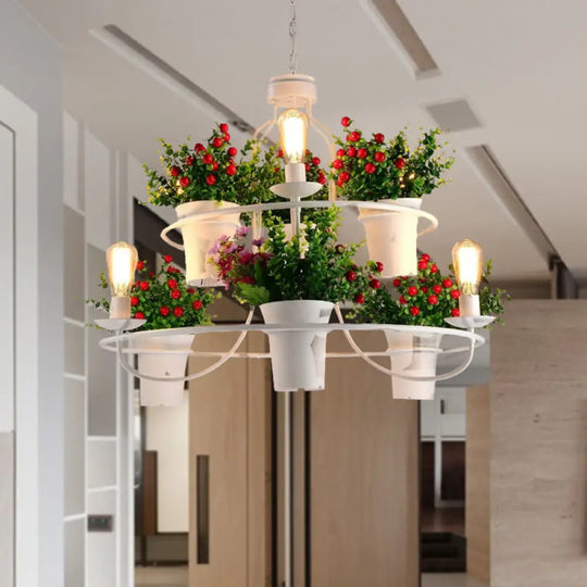 Industrial Black/White Metal Led Plant Pendant Light - 6 Lights 1/2 Tiers. Perfect For Restaurants.