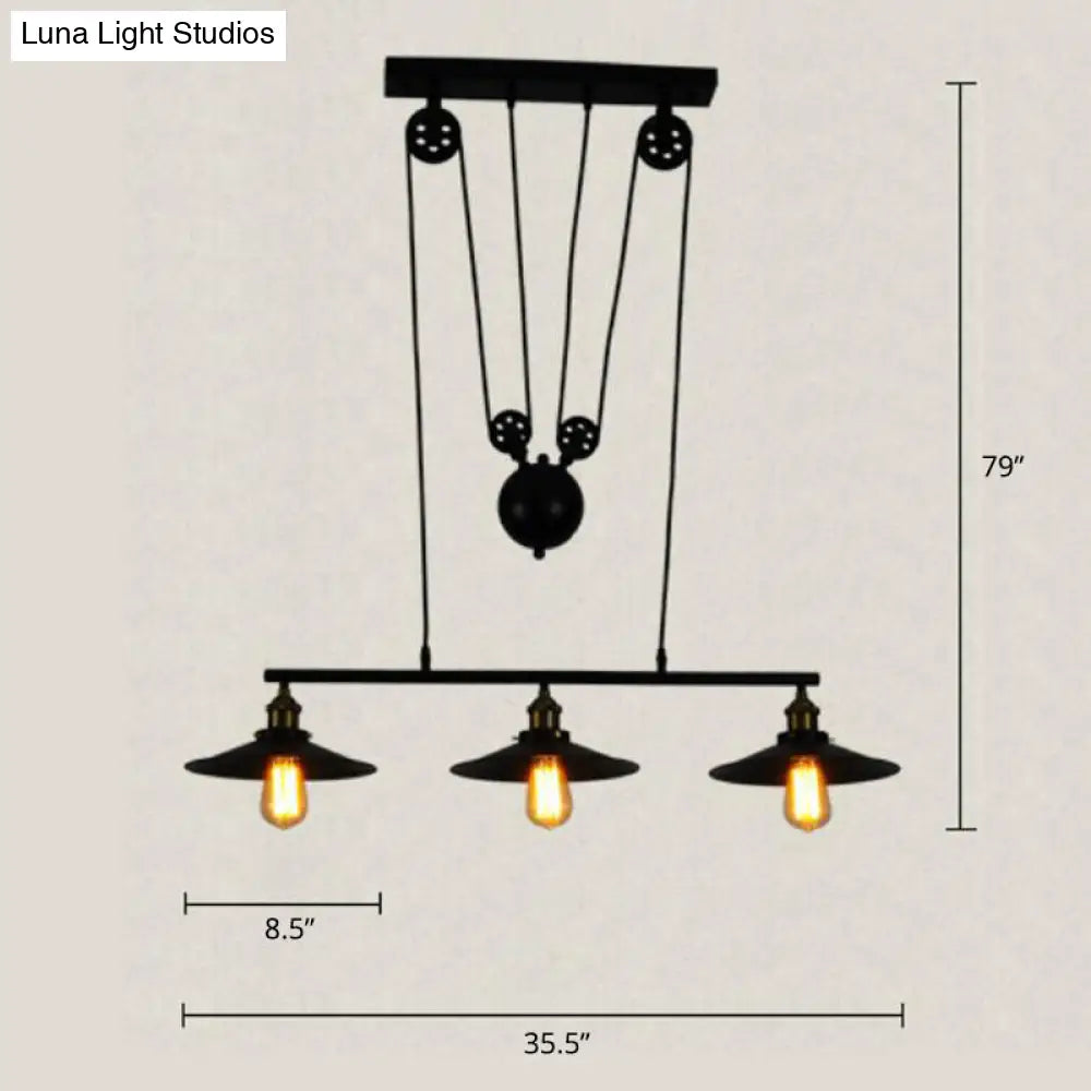 Industrial Black Wide Flare Pulley Pendant Light For Restaurant - 3 Bulb Hanging Island Fixture