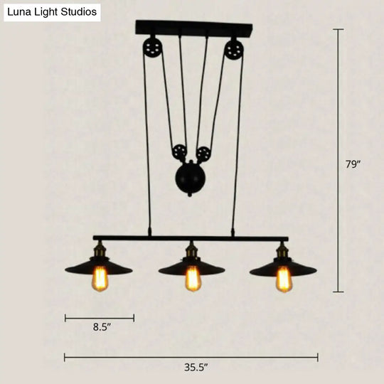 Industrial Black Wide Flare Pulley Pendant Light For Restaurant - 3 Bulb Hanging Island Fixture