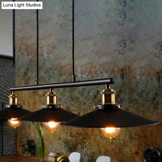 Industrial Black Wide Flare Pulley Pendant Light For Restaurant - 3 Bulb Hanging Island Fixture