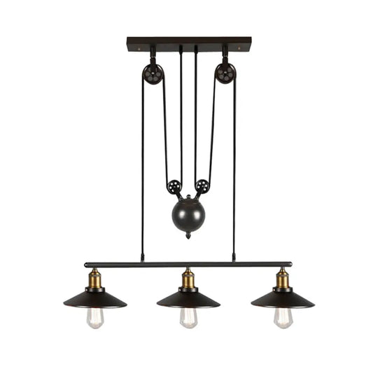 Industrial Black Wide Flare Pulley Pendant Light For Restaurant - 3 Bulb Hanging Island Fixture