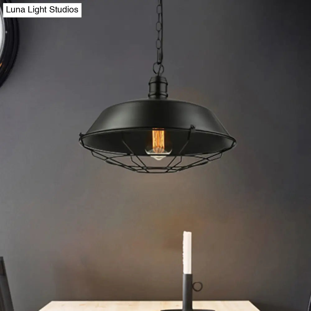 Industrial Black Wire Cage Pendant With Barn Shade - Ceiling Or Dining Table Hanging Fixture