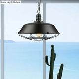 Industrial Black Wire Cage Pendant With Barn Shade - Ceiling Or Dining Table Hanging Fixture