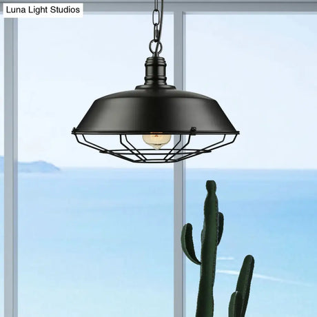 Industrial Black Wire Cage Pendant With Barn Shade - Ceiling Or Dining Table Hanging Fixture