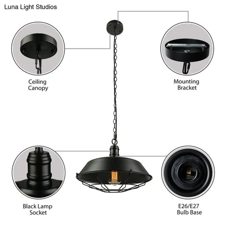 Industrial Black Wire Cage Pendant With Barn Shade - Ceiling Or Dining Table Hanging Fixture