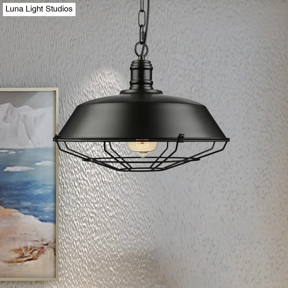Industrial Wire Cage Pendant Light With Barn Shade - Black