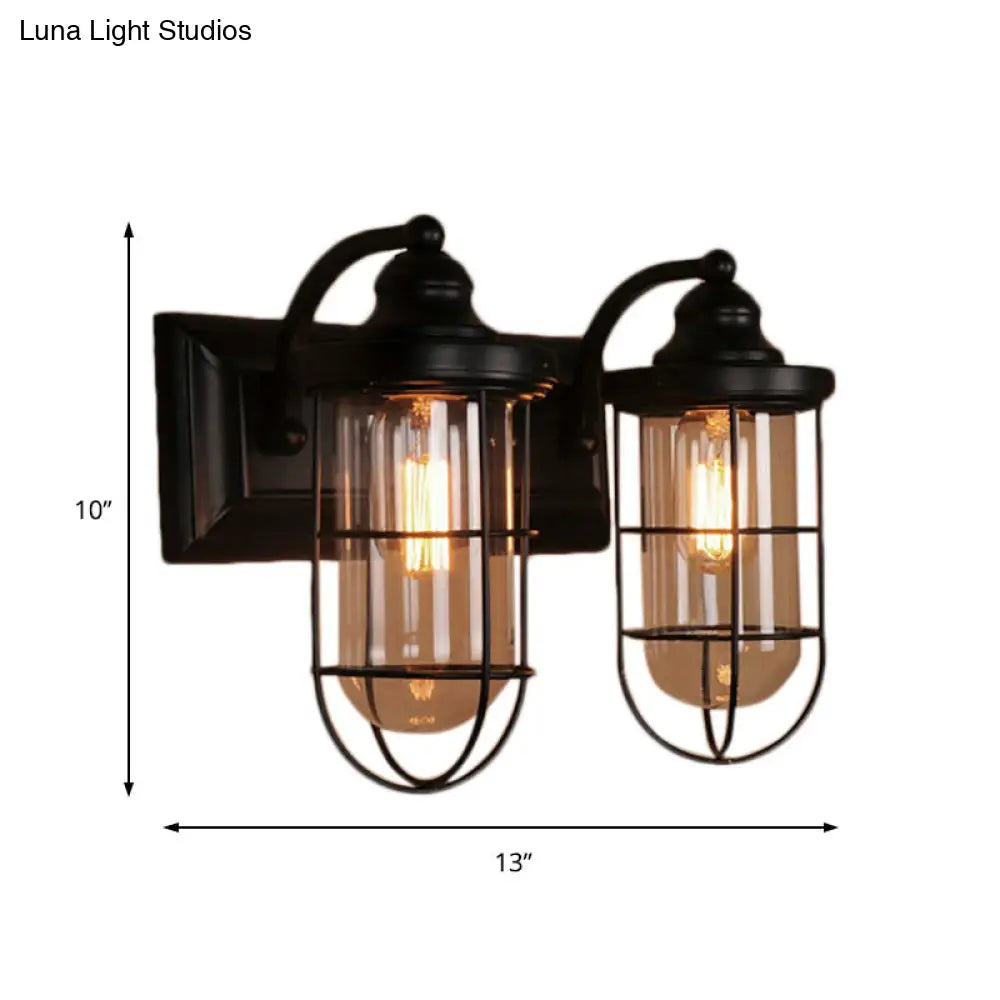 Industrial Black Wire Cage Wall Sconce Light For Stairway - Clear Glass 1/2-Bulb Fixture