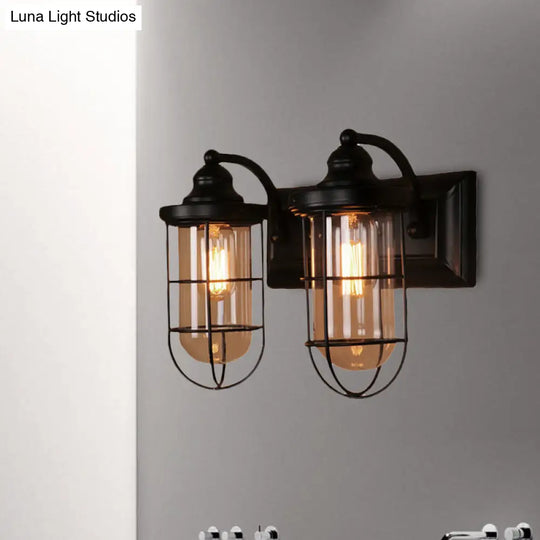 Industrial Black Wire Cage Wall Sconce Light For Stairway - Clear Glass 1/2-Bulb Fixture