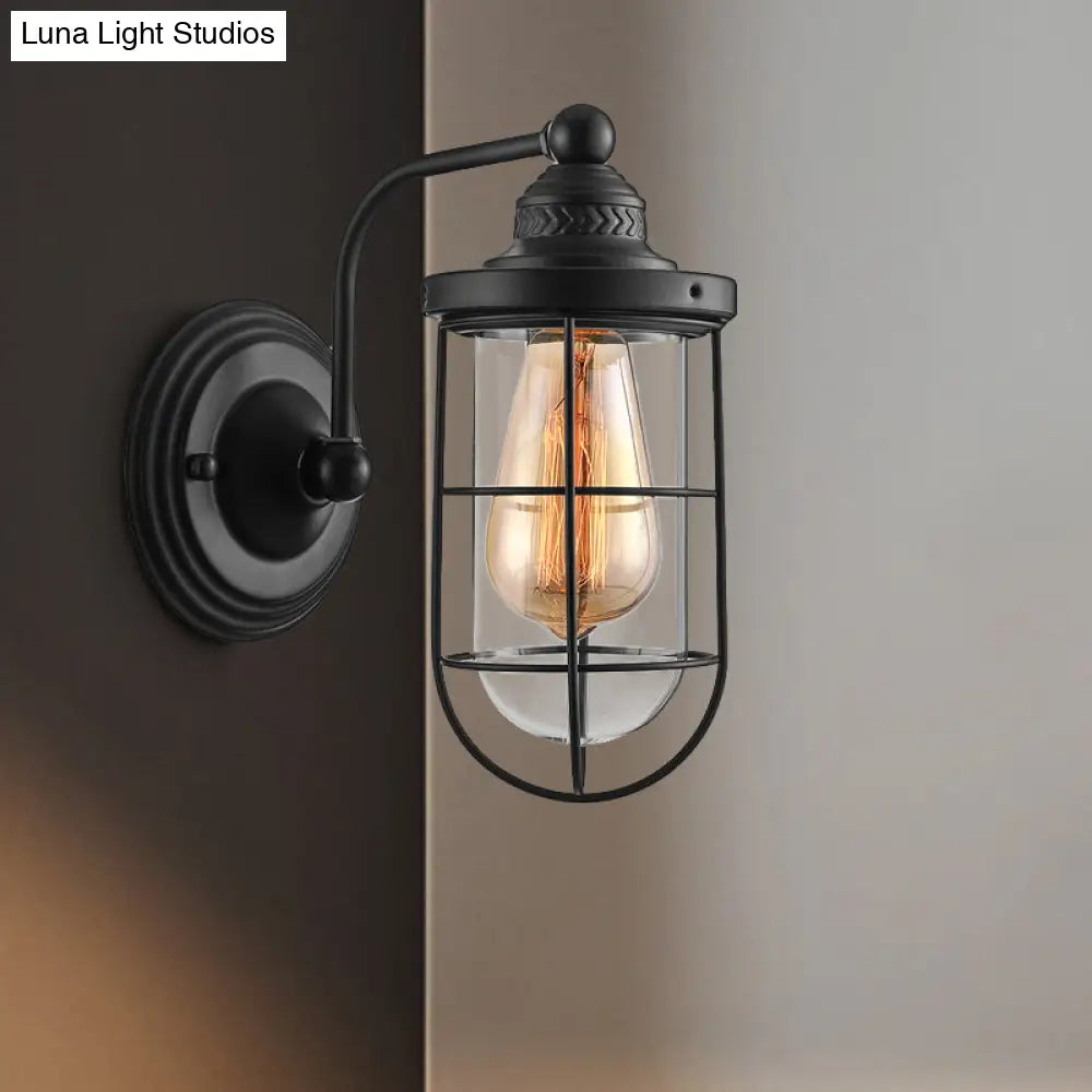 Industrial Black Wire Cage Wall Sconce Light For Stairway - Clear Glass 1/2-Bulb Fixture