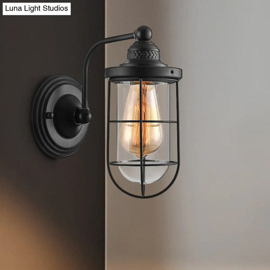 Industrial Black Wire Cage Wall Sconce Light For Stairway - Clear Glass 1/2-Bulb Fixture