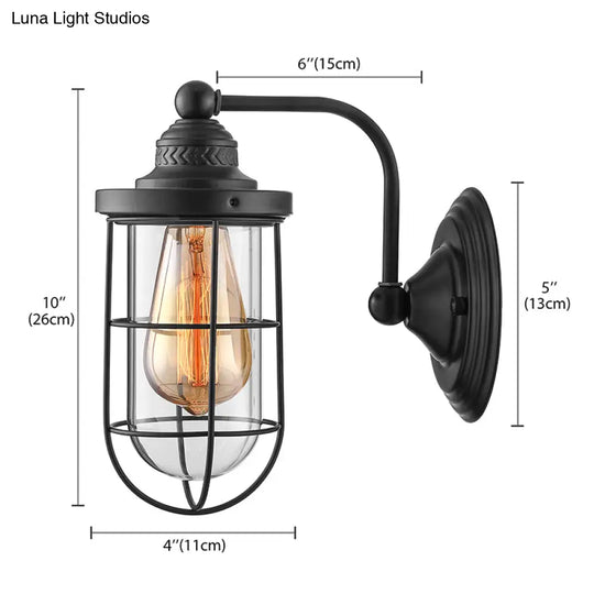 Industrial Black Wire Cage Wall Sconce Light For Stairway - Clear Glass 1/2-Bulb Fixture
