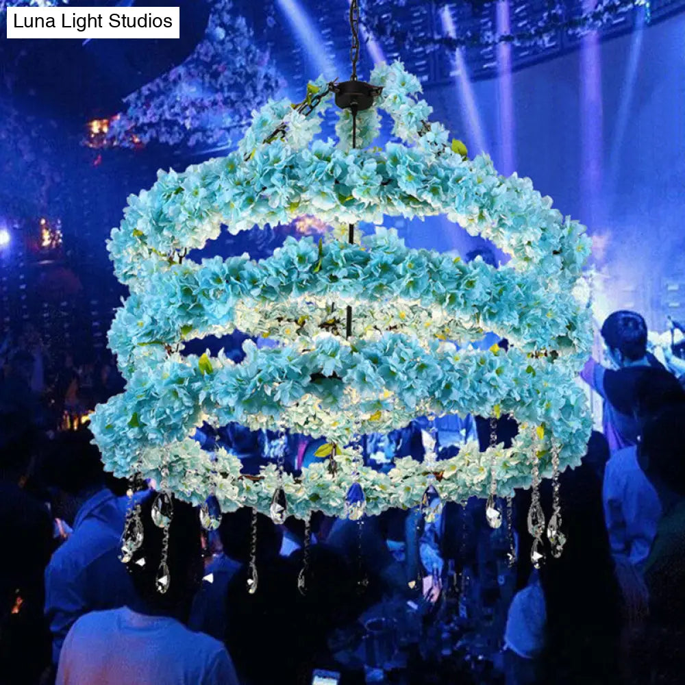 Industrial Blue Circle Metal Pendant Chandelier With Crystal Accent And Led Down Lighting - 6 Heads
